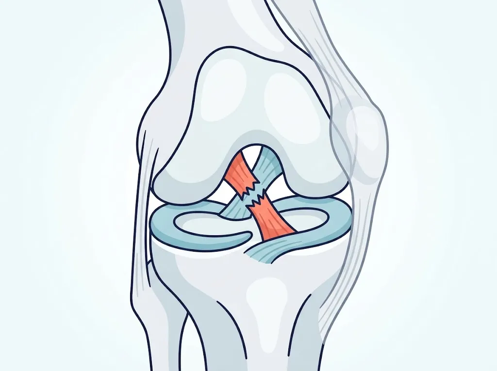 ภาพวาดกายวิภาคข้อเข่ามองจากด้านหน้า แสดงเอ็นไขว้กลางข้อเป็นสีส้มและขาดออกจากกันตรงกลาง โดยมีหมอนรองกระดูกสีฟ้าอยู่สองข้าง