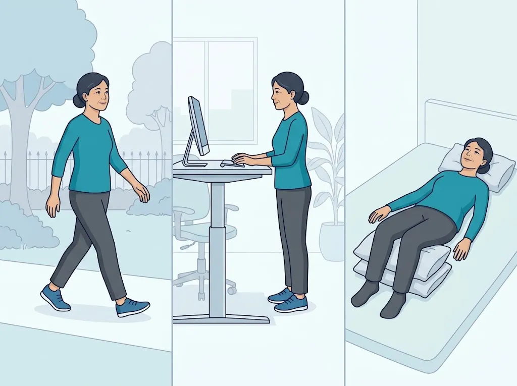 ภาพสามช่อง ช่องแรกหญิงคนหนึ่งเดินอยู่ในสวน ช่องที่สองยืนทำงานที่โต๊ะปรับระดับ ช่องที่สามนอนหงายบนเตียงโดยมีหมอนหนุนใต้เข่าทั้งสองข้าง