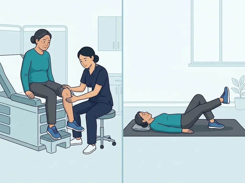 ภาพสองช่อง ช่องซ้ายบุคลากรทางการแพทย์ตรวจเข่าของหญิงสูงวัยที่นั่งอยู่บนเตียงตรวจ ช่องขวาผู้ป่วยนอนหงายบนเสื่อและเหยียดขาข้างหนึ่งยกขึ้น