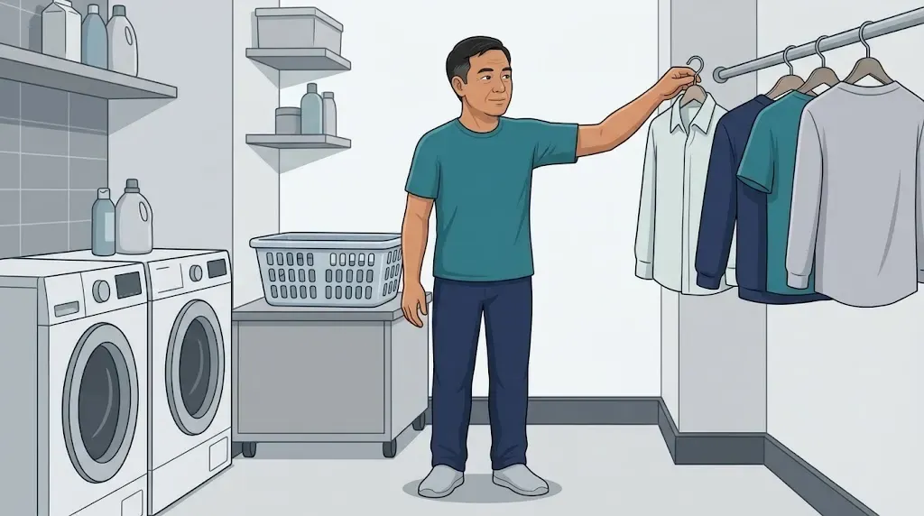 ผู้ชายแขวนเสื้อบนราวระดับไหล่ในห้องซักรีด