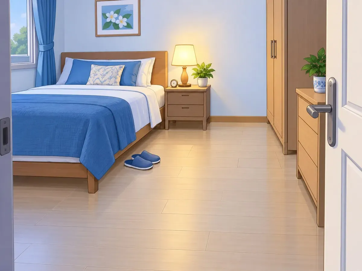 ห้องนอนที่มีโคมไฟบนโต๊ะข้างเตียง พื้นโล่งตั้งแต่เตียงถึงประตู และมีรองเท้าแตะวางข้างเตียง