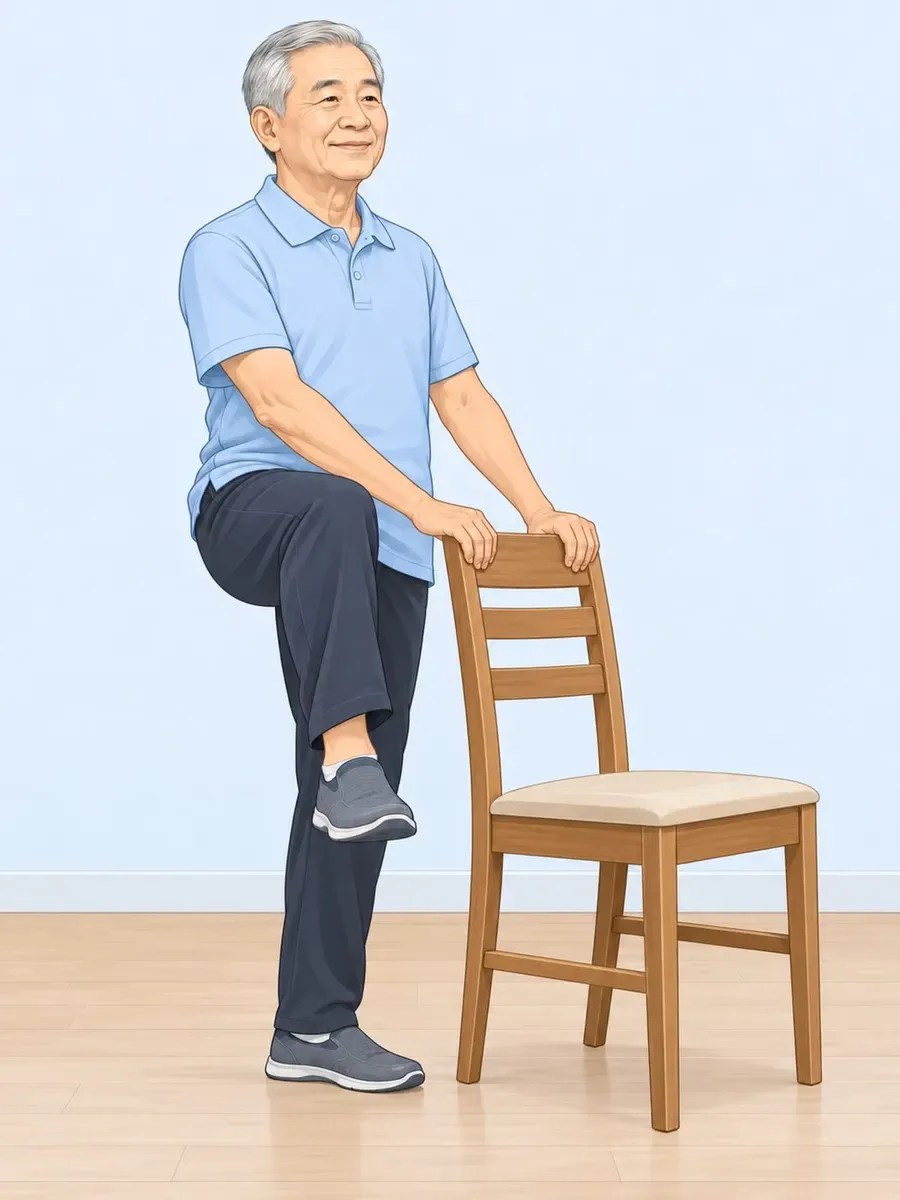 ผู้สูงอายุยืนหลังเก้าอี้ จับพนักไว้ทั้งสองมือ และยกเข่าข้างหนึ่งขึ้นระดับสะโพก