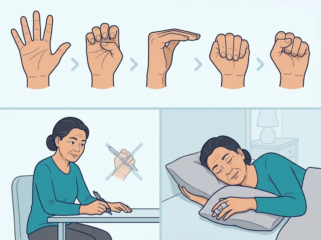 ภาพสามส่วน แถวบนแสดงลำดับท่ามือห้าท่าตั้งแต่แบมือจนถึงกำมือ แถวล่างซ้ายหญิงคนหนึ่งนั่งเขียนหนังสือโดยใช้ปากกาด้ามใหญ่ ข้างภาพปากกาด้ามเล็กที่มีเครื่องหมายกากบาททับ แถวล่างขวานอนหลับโดยสวมอุปกรณ์ดามนิ้ว
