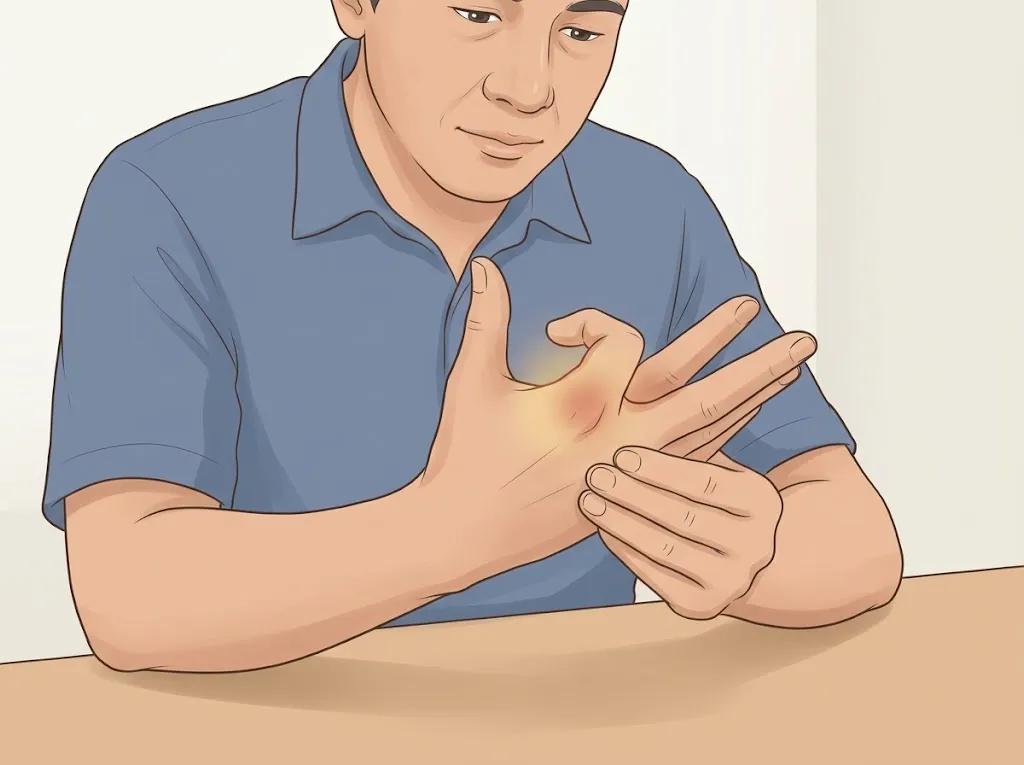 ภาพประกอบ: มือที่มีนิ้วงอค้างอยู่ และมีจุดปวดที่โคนนิ้ว