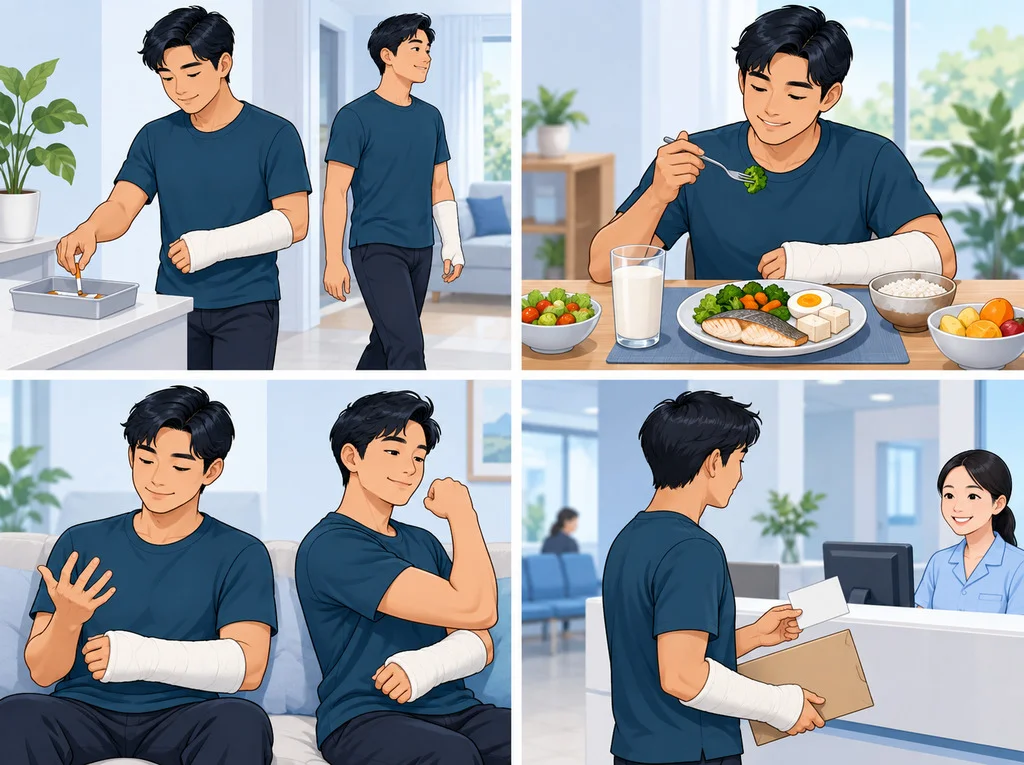 สี่ภาพของชายที่ใส่เฝือกแขน กำลังดับบุหรี่แล้วออกเดิน นั่งกินอาหารที่มีปลา ไข่ เต้าหู้ นม และผัก ขยับนิ้วและข้อศอกข้างที่ใส่เฝือก และยื่นบัตรนัดที่เคาน์เตอร์โรงพยาบาล