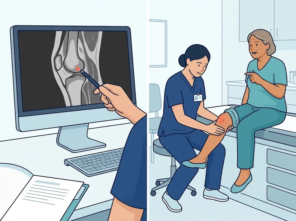 ภาพสองช่อง ช่องซ้ายแพทย์ชี้จุดบนภาพ MRI เข่าที่แสดงบนจอ ช่องขวาแพทย์ตรวจเข่าของหญิงสูงวัยที่นั่งอยู่บนเตียงตรวจ