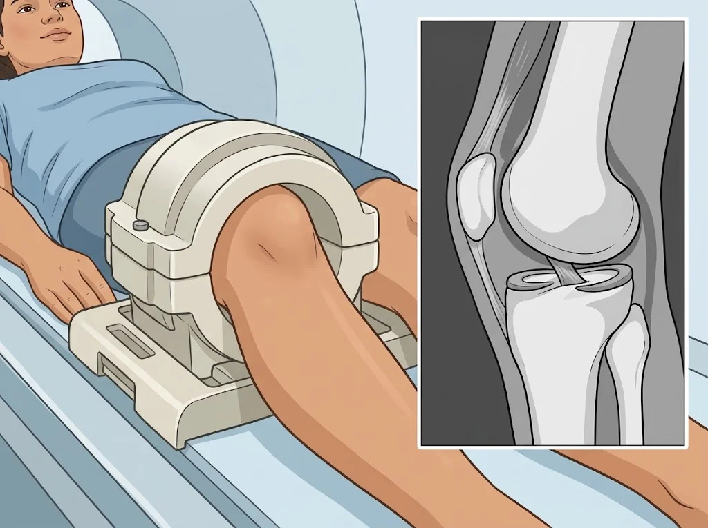 เข่าของผู้ป่วยที่นอนอยู่บนเตียงตรวจ มีขดลวดรับสัญญาณสวมอยู่ โดยมีภาพ MRI ของเข่าแสดงอยู่ข้าง ๆ