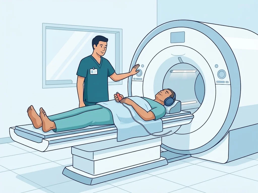 ชายคนหนึ่งนอนอยู่บนเตียงเลื่อนของเครื่อง MRI สวมหูฟังและถือปุ่มกดเรียกไว้ในมือ โดยมีเจ้าหน้าที่ยืนอยู่ข้าง ๆ