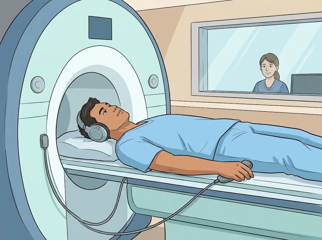 ชายคนหนึ่งนอนอยู่ภายในอุโมงค์เครื่อง MRI สวมหูฟังและถือปุ่มกดเรียกไว้ โดยมองเห็นเจ้าหน้าที่อยู่หลังกระจกห้องควบคุม