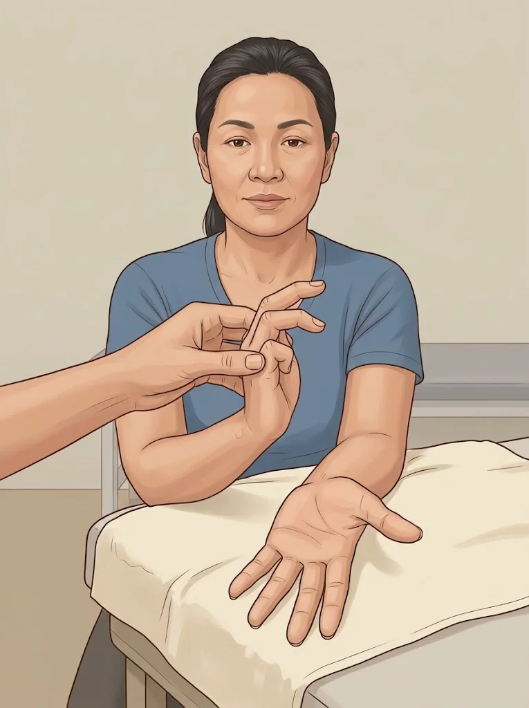 วางมือข้างหนึ่งคว่ำลงบนเตียง ส่วนอีกมือหนึ่งตรึงข้อโคนนิ้วไว้ แล้วเหยียดปลายนิ้วขึ้น