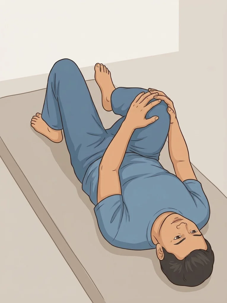 นอนหงาย ใช้มือทั้งสองข้างกอดเข่าข้างหนึ่งเข้าหาอก ส่วนขาอีกข้างงอเข่าและวางเท้าราบกับพื้น